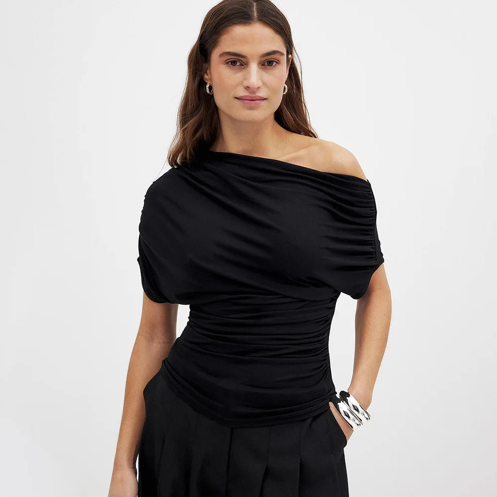 Glorol - One-Shoulder Pleated Short-Sleeve Top