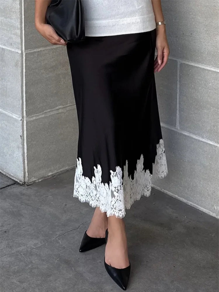 Glorol - High Waist Lace Printed Patchwork Skirt