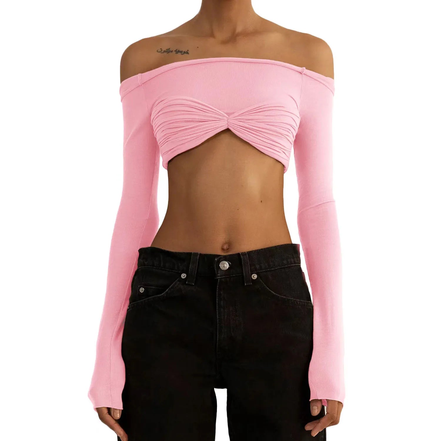 Glorol - See-Through Off-Shoulder Lace Long Sleeve Top