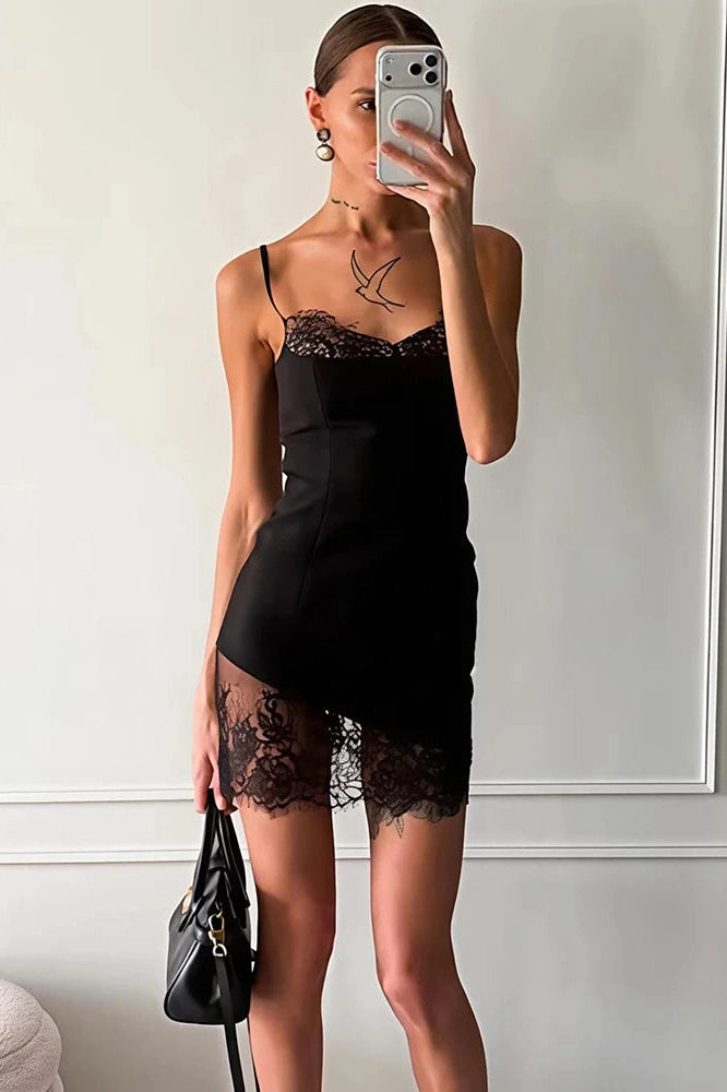 Glorol - Spaghetti Strap Lace Off-Shoulder Sleeveless Backless Mini Dress