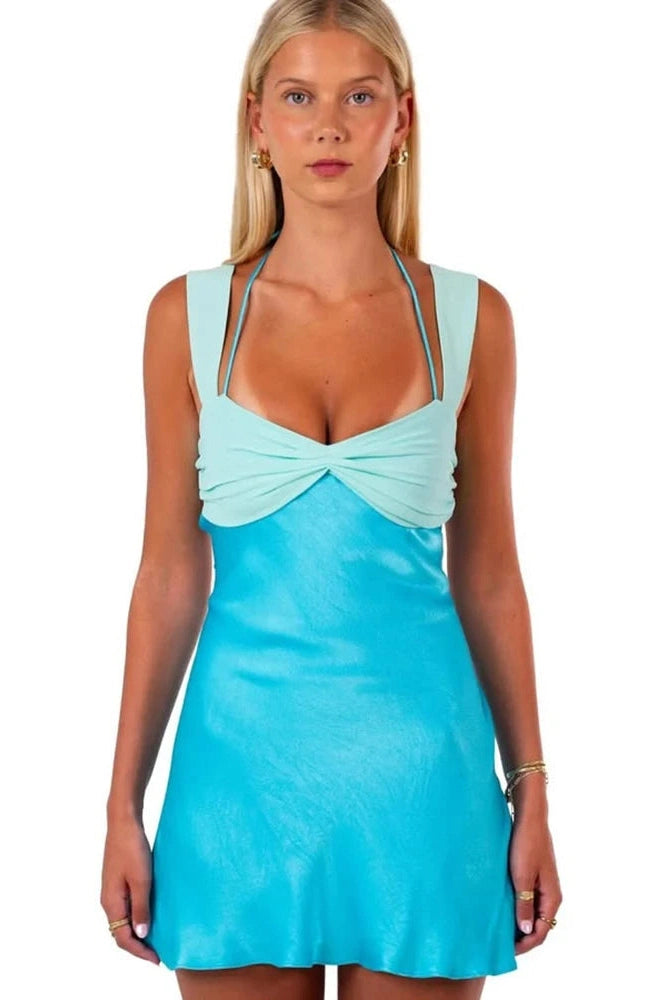 Glorol - Patchwork Sleeveless Strapless Lace-up A-line Mini Dress