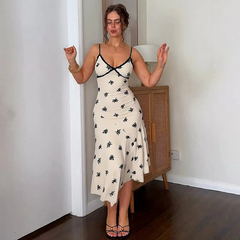 Glorol - Lace Printed V Neck Spaghetti Strap Slim Midi Dress