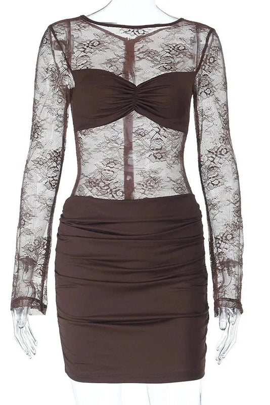 Glorol - Lace Printed See-Through Long Sleeve Mini Dress