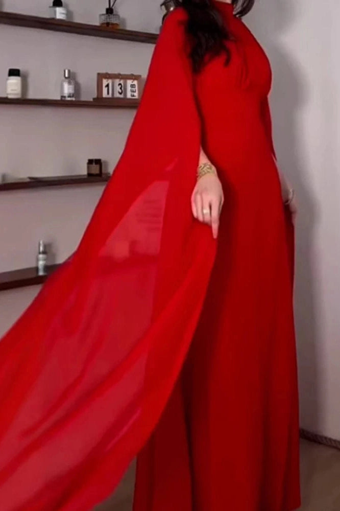 Glorol - Elegant O-Neck Slit Long Sleeve Pleated High Waist Maxi Dress