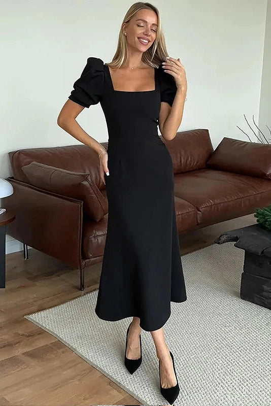 Glorol - Elegant Square-Neck Short-Sleeved Slim Midi Dress