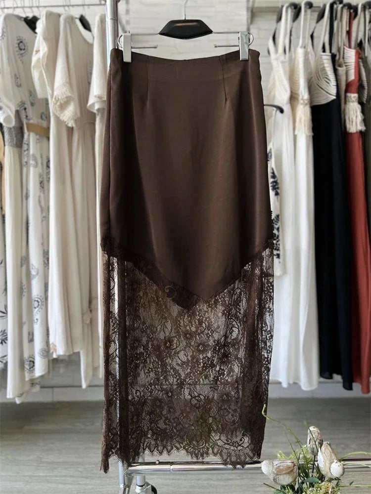 Glorol - High Waist Printed Lace Patchwork See-Through Skirt