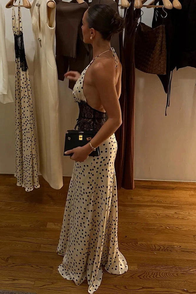 Glorol - Polka Dot Backless Patchwork Lace Deep V Neck Sleeveless Bodycon Maxi Dress