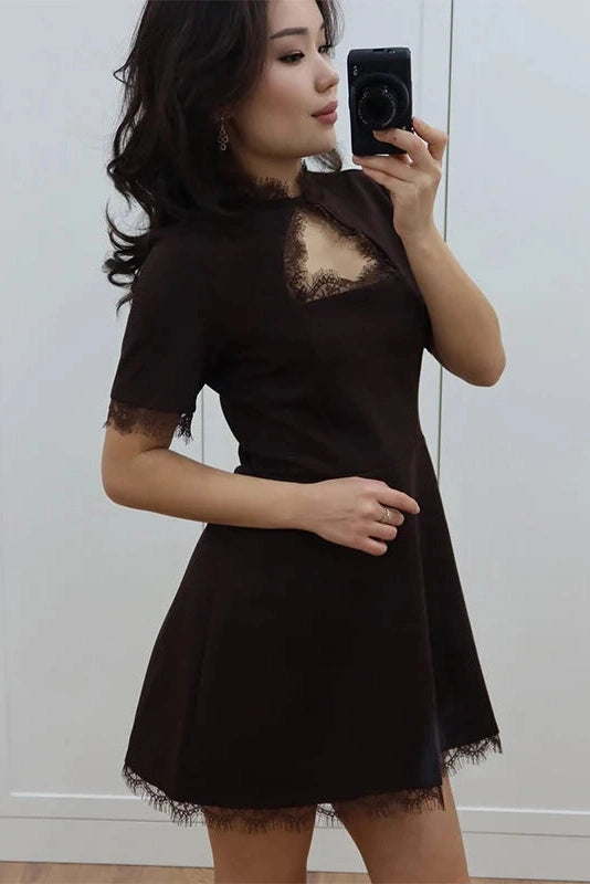 Glorol - Lace Slim High Waist Short Sleeves Mini Dress
