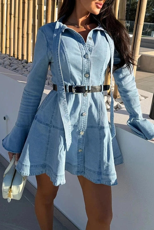 Glorol - Long Sleeve Slim Pleated Lace Up Mini Dress