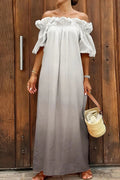 Glorol - Off-Shoulder Pleated Loose Slash Collar Printed Maxi Dress