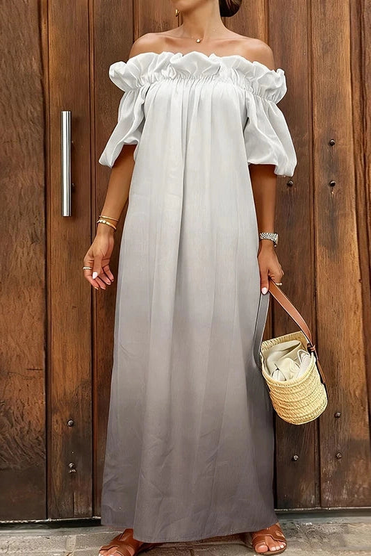 Glorol - Off-Shoulder Pleated Loose Slash Collar Printed Maxi Dress