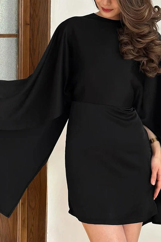 Glorol - Pleated O-Neck Slit Sleeve High Waist Slim Mini Dress