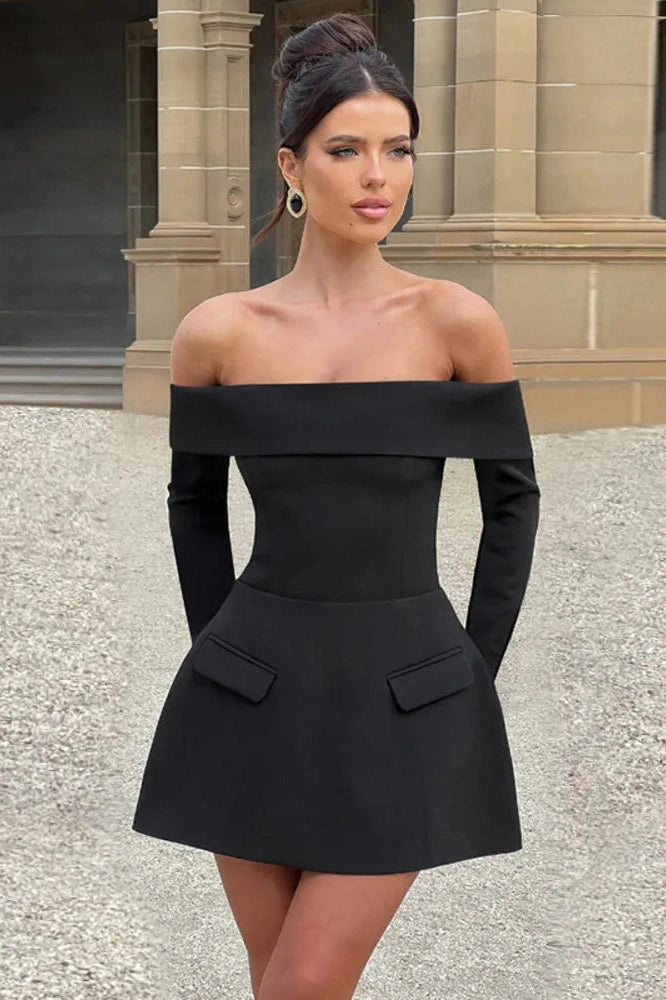 Glorol - Off-shoulder Strapless Long Sleeve Backless A-line Mini Dress