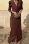 Glorol - Elegant V-Neck Slim Long Sleeve High Waist Maxi Dress