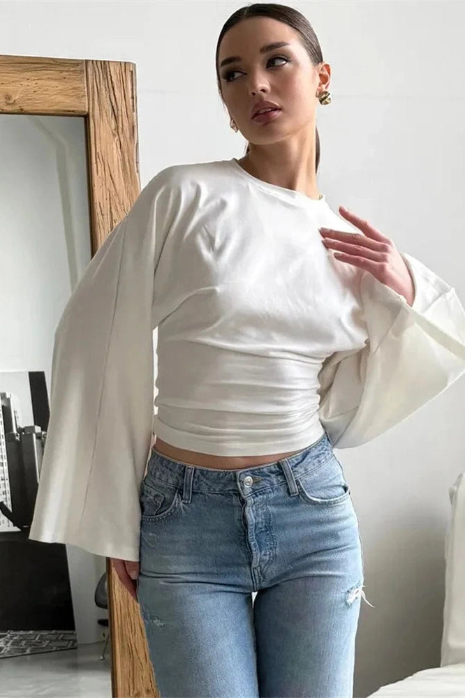 Glorol - Printed Backless Loose Patchwork Long Sleeve Top