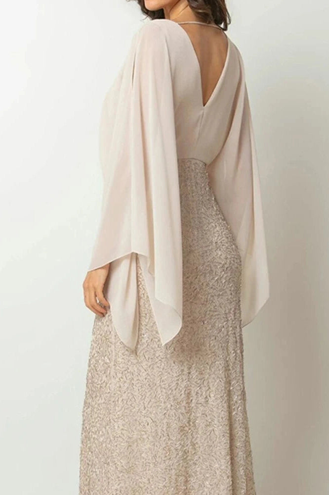 Glorol - Elegant V-Neck Sleeve High Waist Maxi Dress