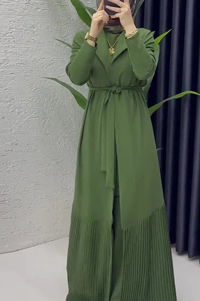 Glorol - Elegant O-Neck Long Sleeve High Waist Pleated Maxi Dress