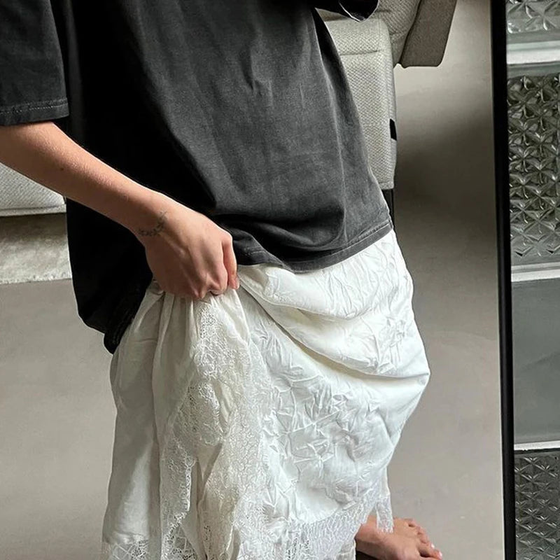 Glorol - High Waist Loose Pleated A-Line Lace Skirt