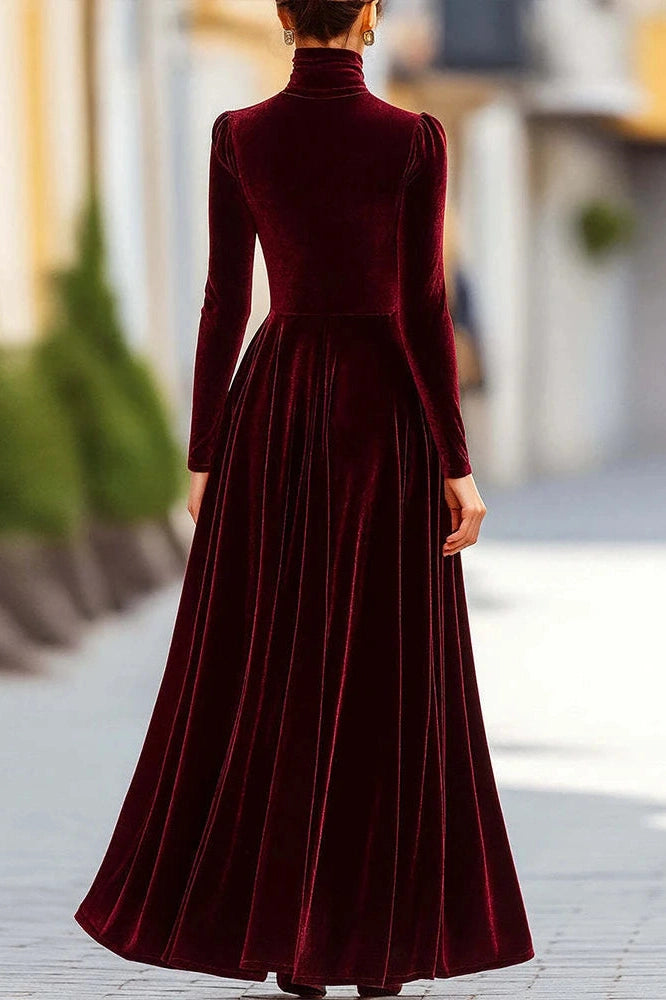 Glorol - Elegant High Collar Long Sleeve Slim Pleated Maxi Dress