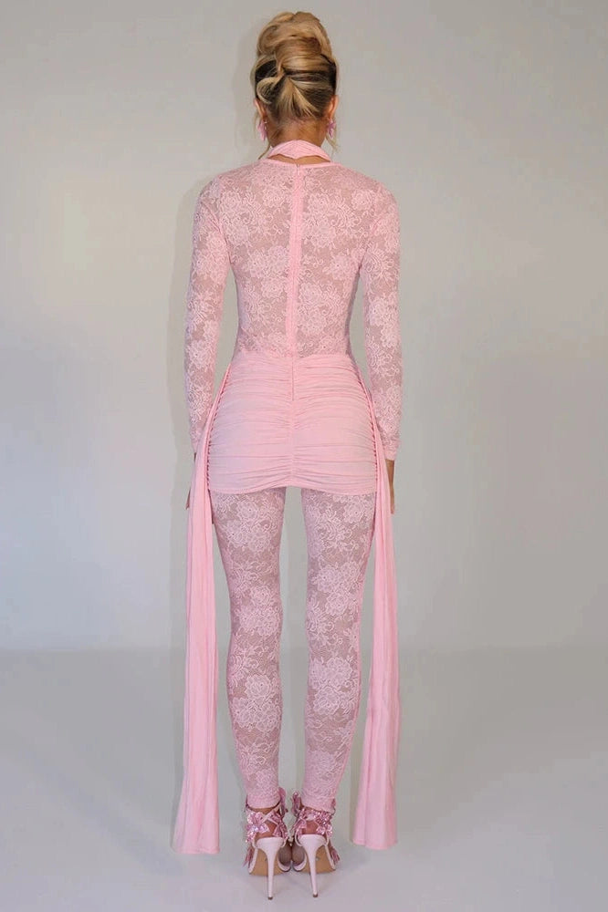 Glorol - Sheer Lace Patchwork Long Sleeve Jumpsuit