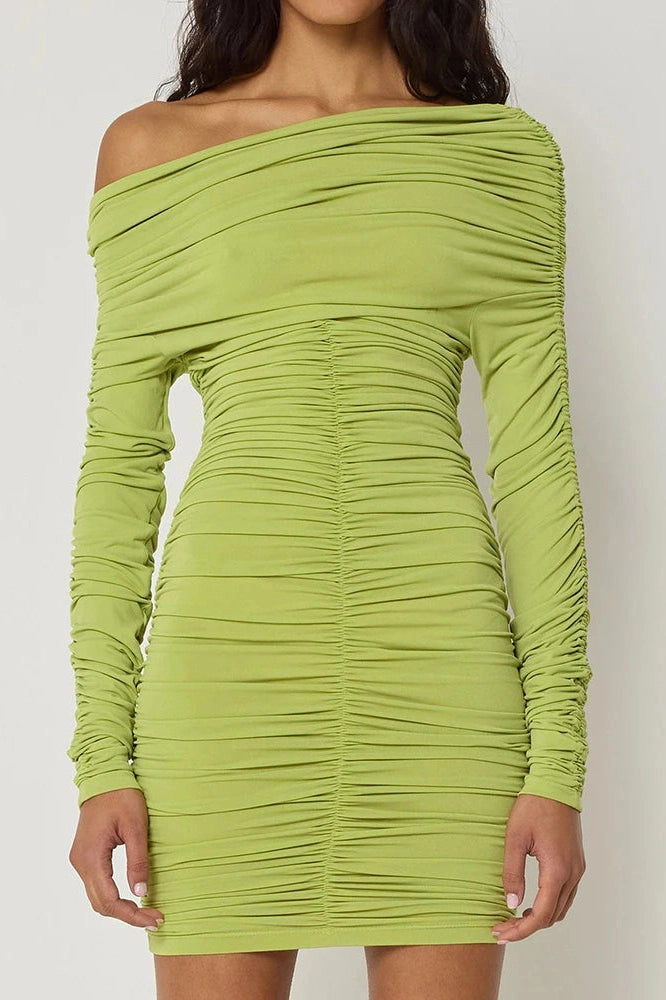Glorol - Inclined Shoulder Long Sleeve Backless Mini Dress
