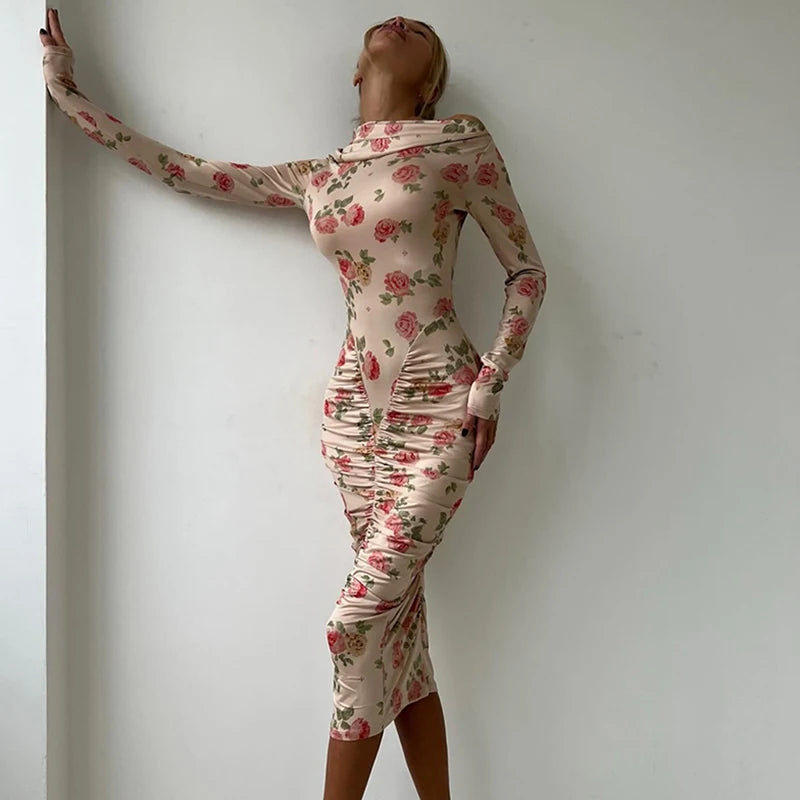 Glorol - Printed Pleated Long Sleeve Bodycon Midi Dress