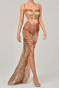 Glorol - Printed Lace Split Patchwork Sleeveless Backless Maxi Dress