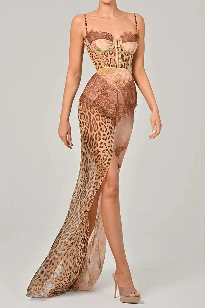 Glorol - Printed Lace Split Patchwork Sleeveless Backless Maxi Dress
