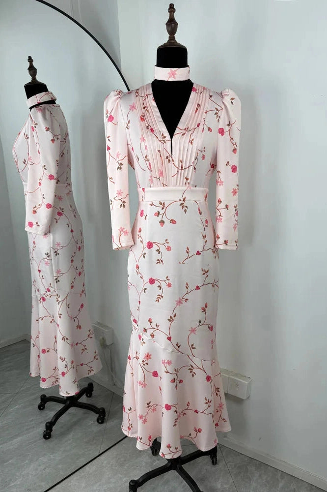 Glorol - Printed V-Neck High Waist Slim Lace-Up Maxi Dress