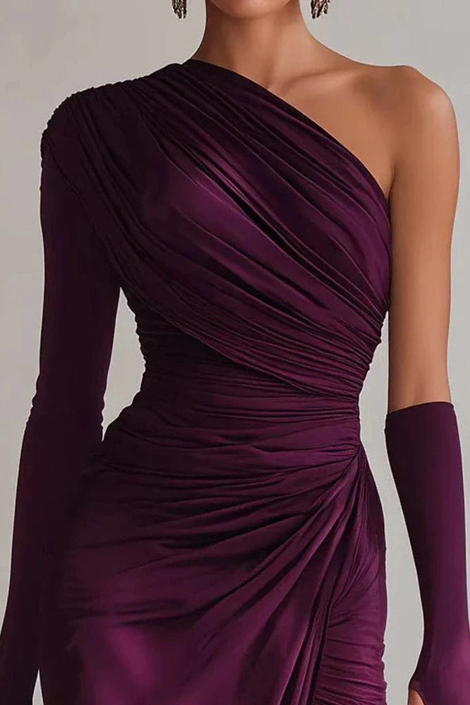 Glorol - Elegant One-Shoulder High Waist Pleated Slim Slash Collar Maxi Dress