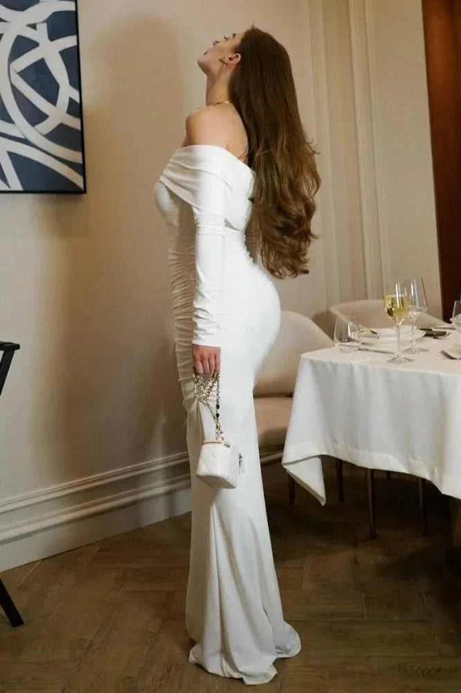 Glorol - Pleated Slim Patchwork Off-Shoulder High Waist Maxi Dress