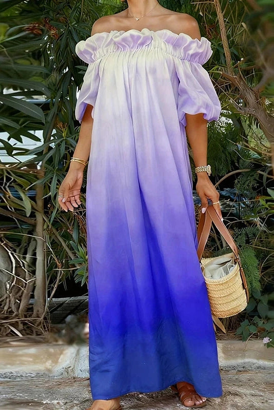 Glorol - Off-Shoulder Pleated Loose Slash Collar Printed Maxi Dress
