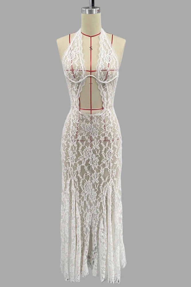 Glorol - Lace Printed Backless See-Through Patchwork Maxi Dress