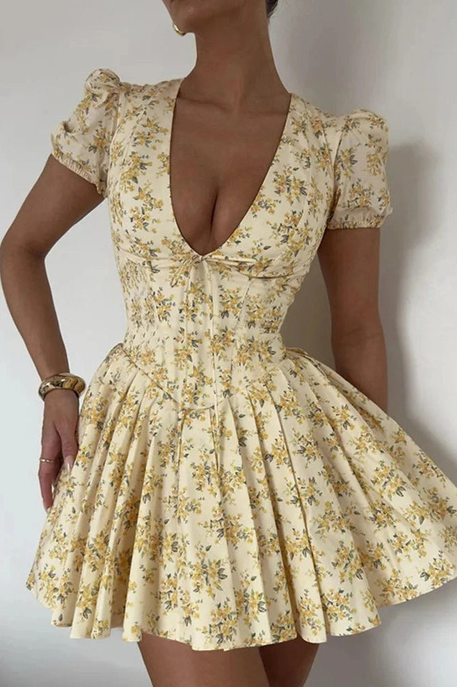 Glorol - Deep V Neck Print Lace-up Short Sleeve A-line Mini Dress