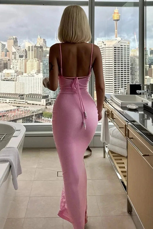 Glorol - Spaghetti Strap Backless Slim Sleeveless High Waist Midi Dress