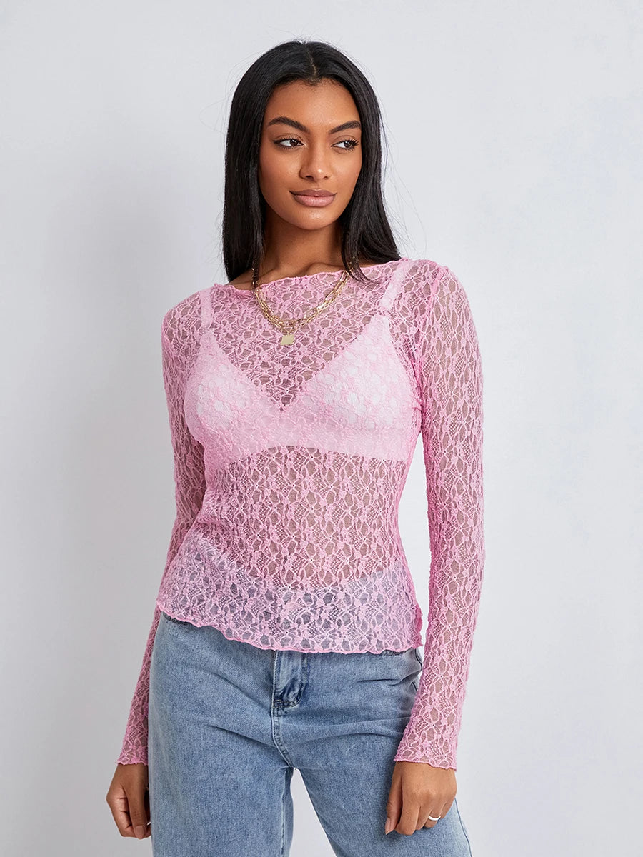 Glorol - Long Sleeve Fitted Lace Top