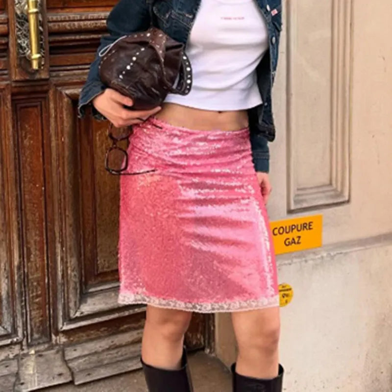 Glorol - See Through Sequins Sparkle Lace Low Waist Skirt