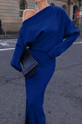 Glorol - Elegant Long Sleeve Slash Collar Maxi Dress