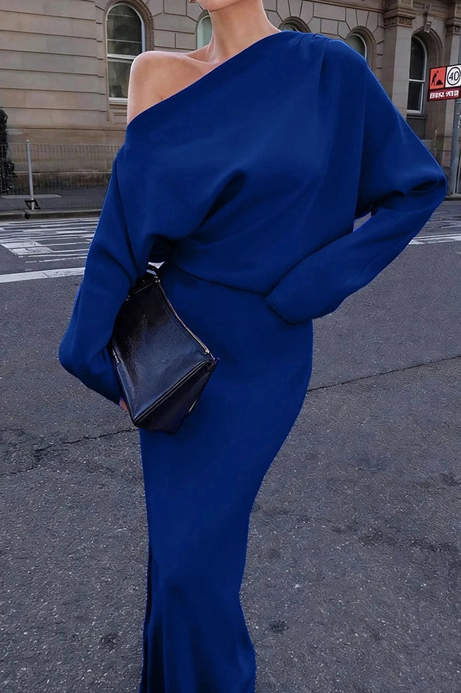 Glorol - Elegant Long Sleeve Slash Collar Maxi Dress