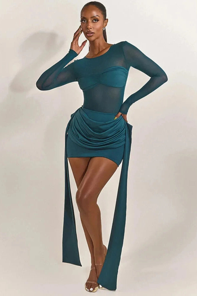Glorol - Patchwork See Through Long Sleeve Mini Dress