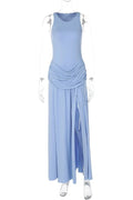 Glorol - Elegant Slit Pleated Sleeveless Slim High Waist Patchwork Maxi Dress