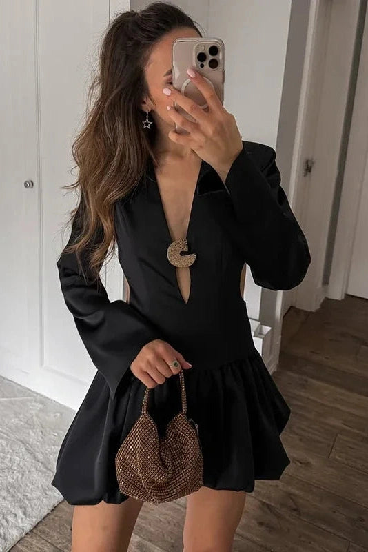 Glorol - Hollow Out Pleated Backless Long Sleeve Slim High Waist Mini Dress