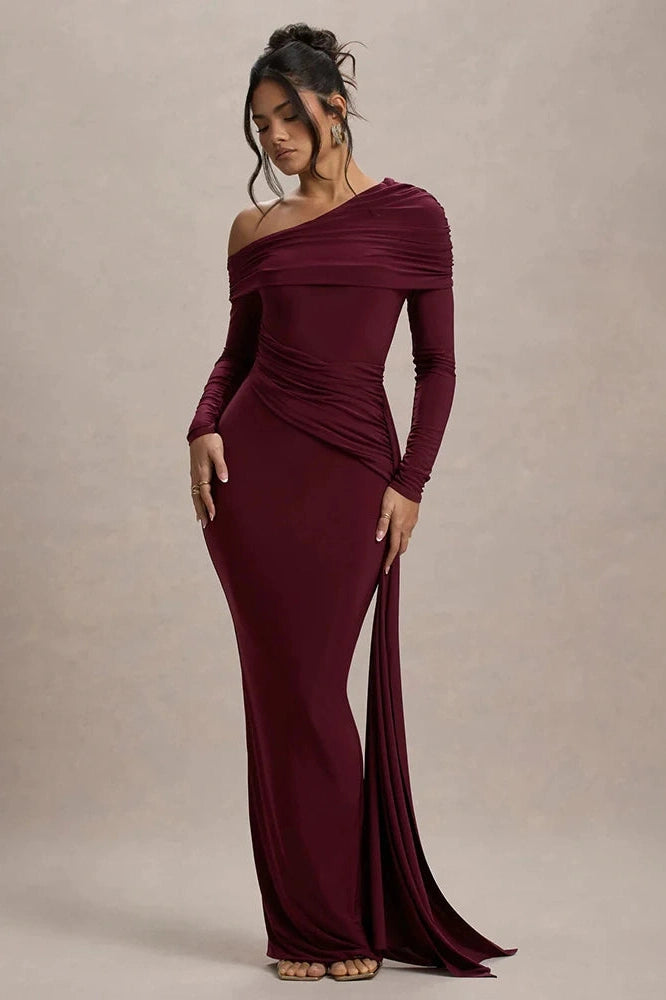 Glorol - Skew Collar Long Sleeve Backless Bodycon Maxi Dress