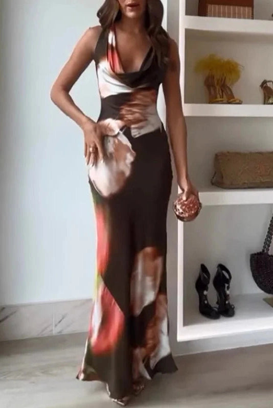 Glorol - Elegant High Waist Printed Sleeveless Backless Bodycon Maxi Dress