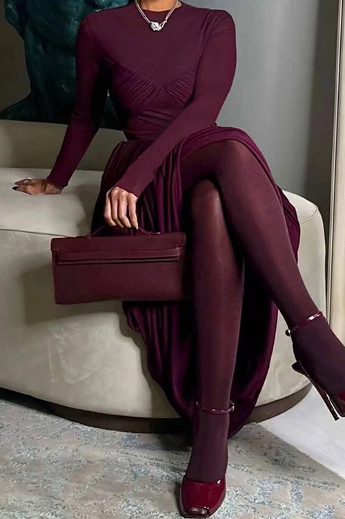 Glorol - Elegant High Waist O-Neck Pleated Irregular Maxi Dress