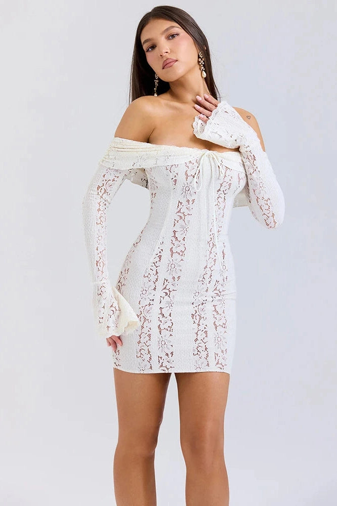 Glorol - Off-shoulder Strapless Long Sleeve Lace Backless Mini Dress