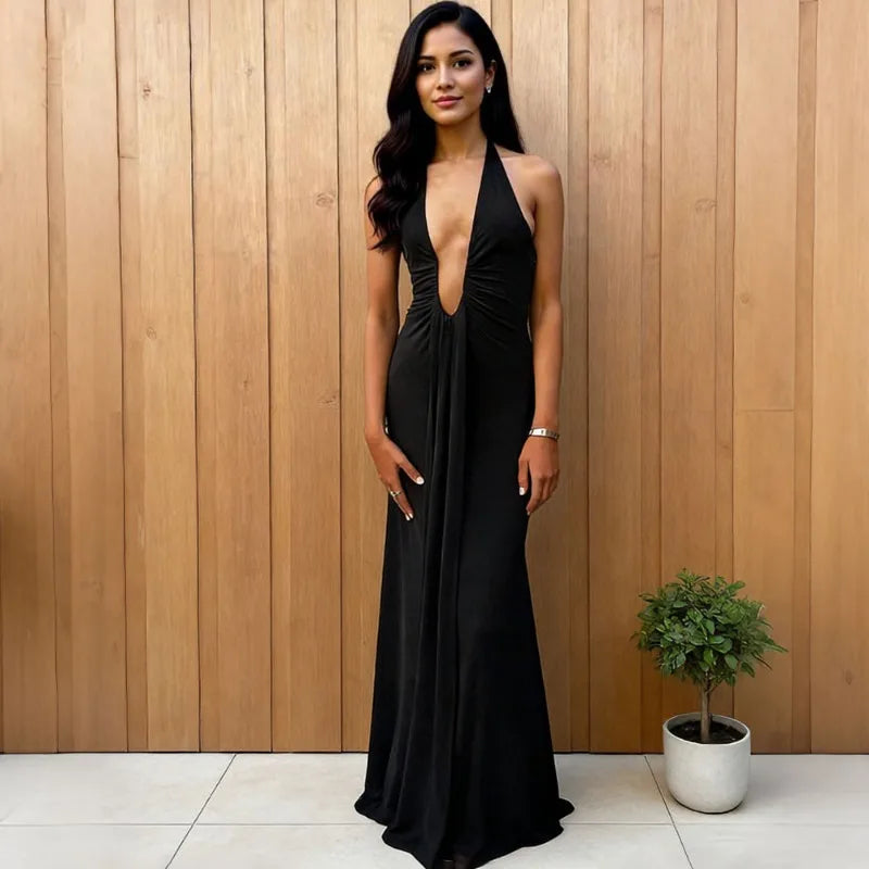 Glorol - Deep V-Neck High Waist Ribbon Patchwork Maxi Dress