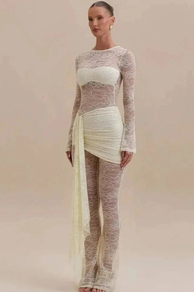 Glorol - Lace Patchwork O Neck Long Sleeve Jumpsuit