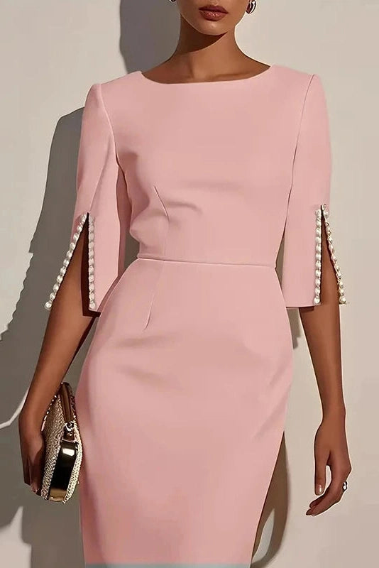 Glorol - Elegant O Neck Split Half Sleeve Slim Midi Dress