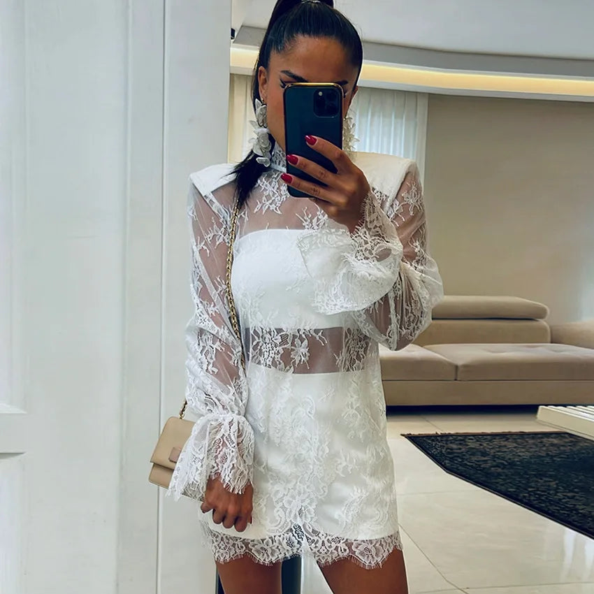 Glorol - Lace See Through Long Sleeve Loose Mini Dress